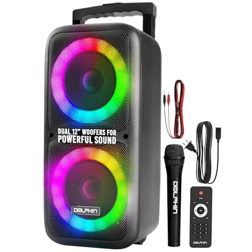 Dolphin Dual 12" Bluetooth Party Speaker - Portable Large Speaker with Wired Microphone, Multicolor LED Lights, USB Playback, Hi-Fi Amplifier, Powerful Bass, 5-Band Equalizer, Long-Lasting Battery