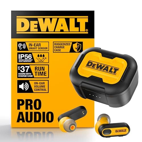 DEWALT Heavy Duty True Wireless Ear Buds, Bluetooth Headphones with Type C Charging Case Included, Over 37 Hours of Battery Life, Easy Setup for iPhone, Perfect for Jobsite, Outdoor Work, Yellow