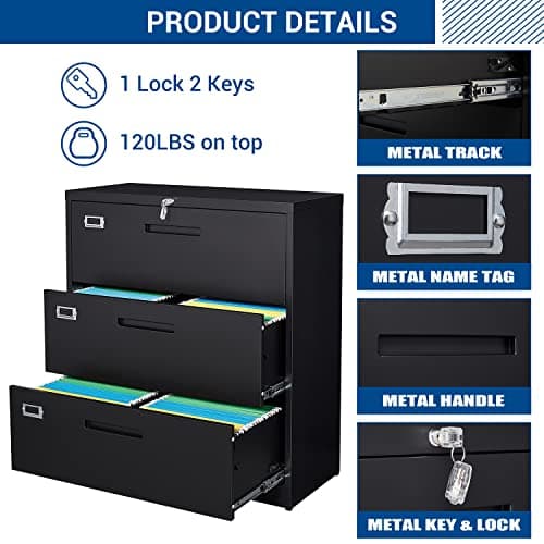 Fesbos Lateral File Cabinet with Lock, 3 Drawer Large Metal Filing Cabinet,Home Office Lockable Storage Cabinet for Hanging Files Letter/Legal/F4/A4 Size-Assembly Required 6