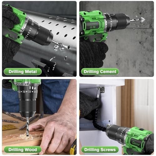 Ginour 21V Brushless Cordless Hammer Drill 442 in.lbs 18000BPM 3/8" Keyless Chuck Impact Drill with 2 Batteries and Charger 23+3 Clutch, 47PCS Accessoires for Metal, Wood, Brick Wall 8