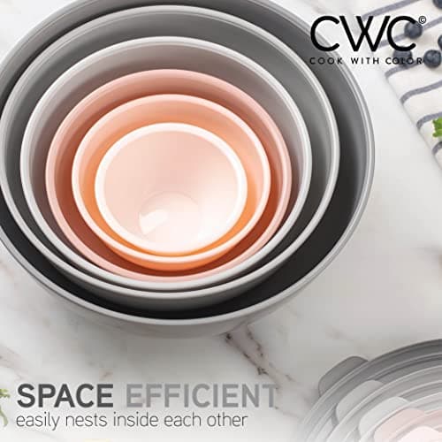 COOK WITH COLOR Mixing Bowls with TPR Lids - 12 Piece Plastic Nesting Bowls Set includes 6 Prep Bowls and 6 Lids, Microwave Safe Mixing Bowl Set (Pink Ombre) 7