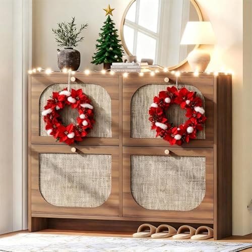 Nicetree Freestanding Arched Rattan Accent Ultra Slim Shoe Cabinet for Entryway - 4 Flip Drawers & 3-Tier Adjustable Shelves, Farmhouse Modern Rustic Shoe Rack for Hallway, Foyer, Living Room