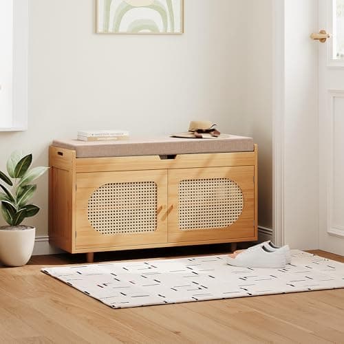 PETKABOO Rattan Shoe Storage Bench,Bamboo Entryway Bench, 2-Tier Shoe Rack,35.4" W x 12.6" D x 19.7" H with 2 Doors & Padded Seat Cushion for Entryway, Living Room, Bedroom, Natural 6