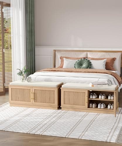 Akxomel Fluted Shoe Storage Bench with Cushion, 39.4" Entryway Bench with Adjustable Shelves and 2 Doors, Shoe Cabinet Bench with Curved Profile, for Hallway, Living Room, Bedroom, Natural Oak 6