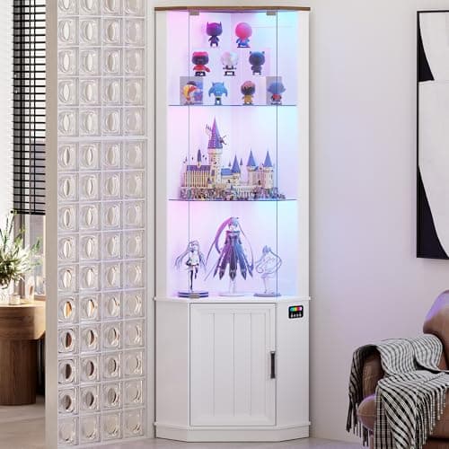 Lvifur 69" Corner Glass Display Cabinet with RGB Lights,3-Tier Movable Glass Shelves,Curio Display with Human Body Sensor,Bookcase with Storage Cabinet for Toys,Books,Collectibles,Liquor,White
