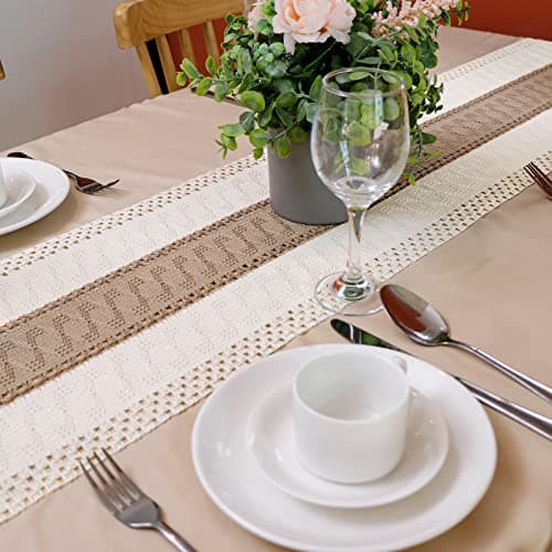 OurWarm Macrame Table Runner Farmhouse Style, Natural Burlap Boho Table Runner Modern Farmhouse Decor Rustic Woven Cotton Crochet Lace for Bohemian, Rustic,Bridal, Shower Wedding, Dinner, 72" x 12" 9