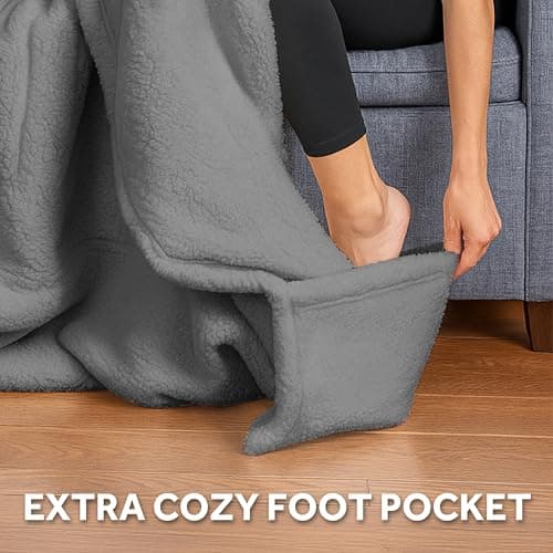Sunbeam Royal Sherpa Foot Pocket Heated Throw Electric Blanket, 50" x 60", 4 Heat Settings, 4-Hour Auto Shut-Off, Warming Throw for Couch or Bed, Fast Heating, Machine Washable, Grey 5