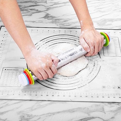 Rolling Pins, Stainless Steel Dough Roller, Rolling Pin and Silicone Baking Pastry Mat Set, Adjustable Rolling Pin with Thickness Rings for Baking Dough, Pizza, Pie, Pastries, Pasta, Cookies(Black) 5