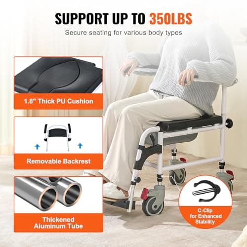 VEVOR Shower Commode Wheelchair with 4 Lockable Wheels, Footrests, Flip-up Arms, 3-Level Adjustable Height, 5L Removable Bucket, 350 LBS Capacity, Commode Chair for Adults Seniors 3