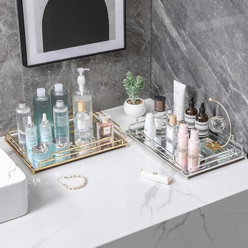 Tieson Mirror Tray Contemporary Silver Dresser Perfume Tray Bathroom Dresser Bedroom (Silver) 6