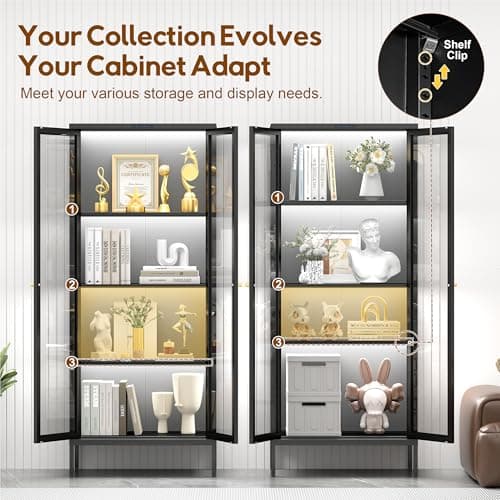 UNICOLY Display Cabinet with Glass Doors, Glass Display Cabinet with 8 Color LED Lights, Curio Display Cabinet with 3 Shelves for Living Room, Plant, Display Shelf, Assembly Required, Black 7