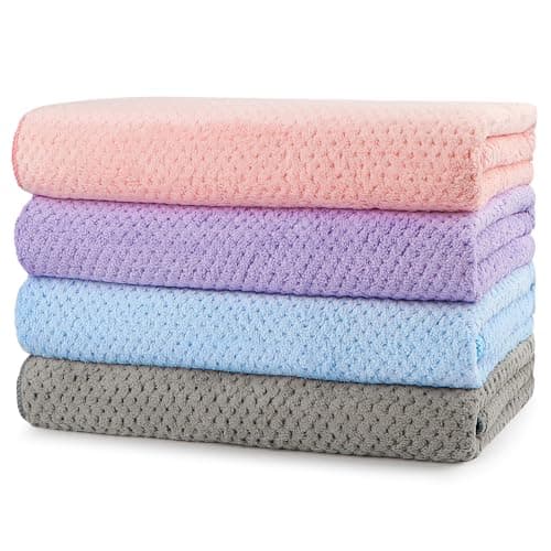 GLIMGLINT 4 Pack Kids Microfiber Bath Towels Set, 24 x 47 Inches (60 x 120 cm), Lint Free, Super Soft and Absorbent, Quick Drying Waffle Towels for Bathroom, Multicolor