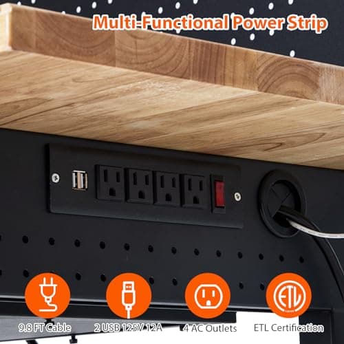 ACONEE 60" Adjustable Workbench with Drawer Storage, Rubber Wood Top Work Table for Garage, Heavy Duty Worktable with Removable Pegboard, Power Outlet, Hooks, Tool Storage Bench for Warehouse Workshop 5