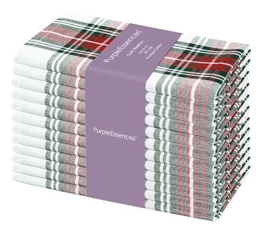 PurpleEssences Tartan Plaid Cloth Napkins - Mitered Corners - Spring Easter Summer - Scottish Check Dinner Napkin - Set of 12-100% Cotton - 18x18 Inch - Reusable Washable - Red and White