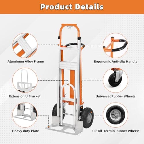 Aluminum 4 in 1 Convertible Hand Truck Dolly, 1000Lbs Capacity, Heavy Duty Folding Hand Truck Dolly Cart with Wheels 10" All-Terrain Tires, Hand Trucks for Logistics, Moving Home, Shopping, Office 8