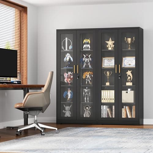 UNICOLY Lockable Display Cabinet with Glass Doors, Curio Cabinets with 4 Adjustable Shelves, Liquor Bookcase Bookshelf with Doors, Metal Storage Cabinet for Living Room Pantry, Black 8