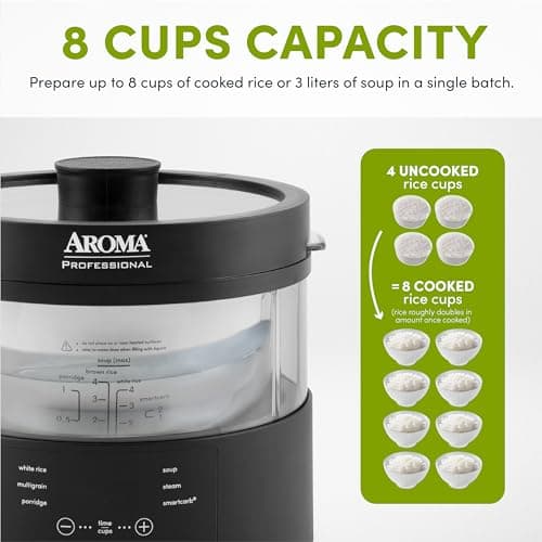 Aroma Housewares Professional 8-Cup (Cooked) SmartCarb Multicooker and Flavor-Lock Food Steamer for Low-Carb Rice and Grains, Glass Inner Pot, Black (AMC-800), Transparent Glass, 4 Cup Uncooked Rice 6