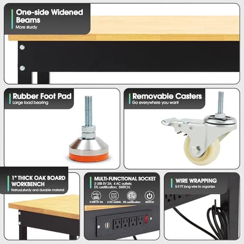 60" Adjustable Workbench, 2000 LBS Load Capacity Heavy Duty Workstation with Power Outlets, Rubber Wood Top Worktable for Garage, Office,Workshop, Commercial 5