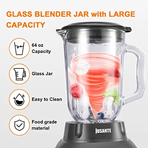 JUSANTE Blender with 64 oz Glass Jar - 1200W High Speed Juicer Blender for Smoothies, Shakes & Frozen Drinks (Black) 6