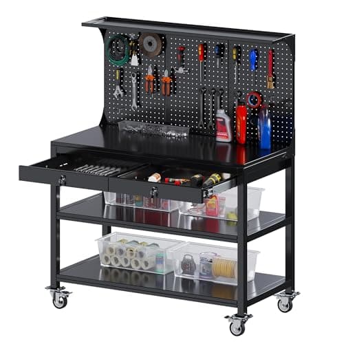 NICOMOW Workbench with Drawers,Heavy-Duty Steel Garage Workbench with Pegboard Shelves,Tool Bench with Wheels for Garage, Home, Workshop, Auto Shop, Basement,Black