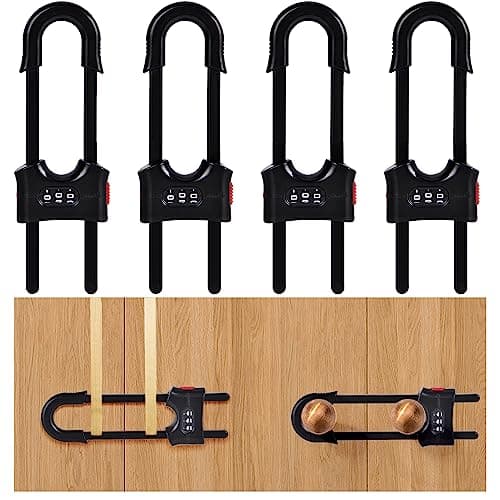4 Packs U-Shaped Sliding Cabinet Locks, Baby Proofing Cabinets with Adjustable Child Safety Lock, Childproof Latches for Knobs, Handles on Kitchen Doors and Home Drawers Closet - Black