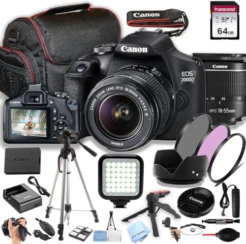 Canon EOS 2000D / Rebel T7 w/EF-S 18-55mm F/3.5-5.6 Zoom Lens + 64GB Memory, Filters,Case, Tripod, LED Light, Remote, and More (35pc DSLR Camera Bundle) (Renewed), Black