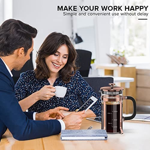 QUQIYSO Coffee Maker 304 Stainless Steel French Press with 4 Filter, Heat Resistant Durable, Easy to Clean, Borosilicate Glass Coffee Press, 100% BPA Free Teapot, 21 ounce, copper 5