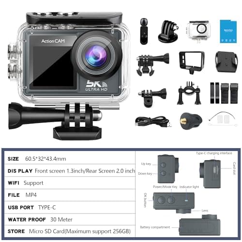 CANKETEC Action Camera 5K30FPS, 48MP Ultra HD Underwater Camera EIS WiFi Remote Control Dual Touchscreens Sport Cameras with 32GB SD Card, Microphone and Helmet Mount Accessories Kits 8