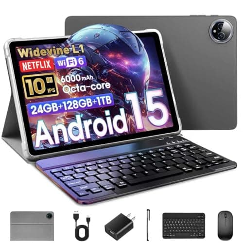 Raemond 10 Inch Tablet Android 15 with Keyboard, 24GB RAM + 128GB ROM (1TB Expand), T615 Octa-Core, 1280x800 IPS HD Display, 5MP+8MP Dual Camera, 6000mAh, Mouse, Widevine L1, GPS