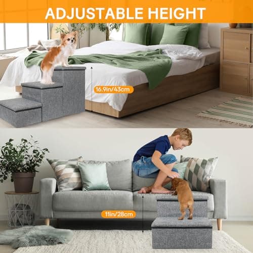petizer Dog Stairs for Small Dogs, Foldable Pet Stairs for Couch/Bed with Storage Box, Condo and Cat Scratcher, Adjustable Non-Slip Dog Steps for Puppy, Cats, or Small (3-Step,17" H) 6