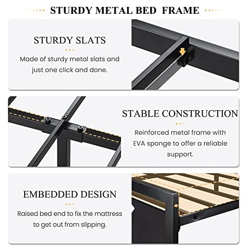 SHA CERLIN Queen Size Bed Frame with Modern Headboard, Heavy Duty Platform Metal Base with Square Footboard and 13 Strong Slats Support, No Box Spring Needed, Black 5