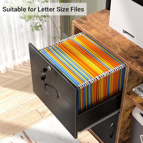 Homieasy Vertical Filing Cabinet with Bookshelf for Home Office, File Cabinet with Shelves, Lock & Charging Station, Drawer Office File Cabinets with Printer Stand, fits Letter Size, Rustic Brown 6