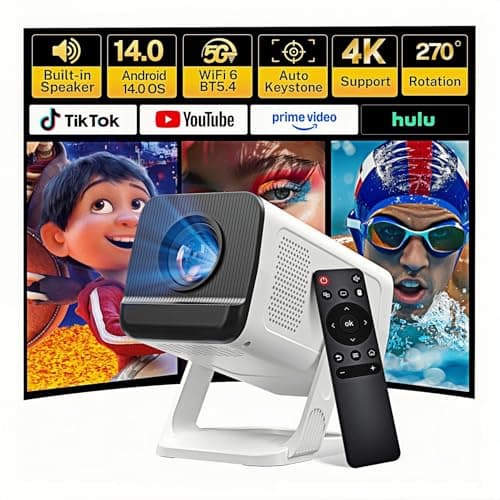 Mini Projector with WiFi 6 and Bluetooth 5.4 Built-in Apps for Bedroom Portable Projector Android 14 Smart Auto Keystone 1080P 4K Support Compatible with iOS/HDMI/TV Stick VisualCube 300