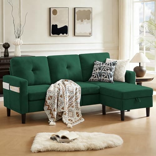 Pingliang Home 80" Convertible Sectional Sofa Couch with Movable Ottoman, 3 Seats Sectional Sofas L Shaped Couch for Small Spaces, Soft Fabric Couch for Living Room (Green)