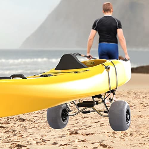 Bonnlo Deep U Kayak Cart Trolley Canoe Paddle Board Boat Cart Carrier Dolly with 12" Big Beach Wheels Balloon Kayak Wheels Cart Foldable, Free Pump, 2 Ratchet Straps- Perfect for Soft Sand (Silver) 9