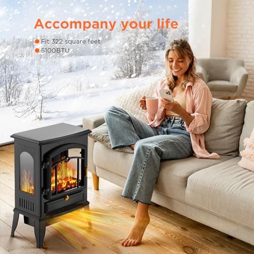 COWSAR Electric Fireplace Stove, Freestanding Fireplace Heater with Realistic Flame, 1000/1500W Fireplace Heater, Overheating Safety Device, Thermostat, Adjustable Flame Brightness 5