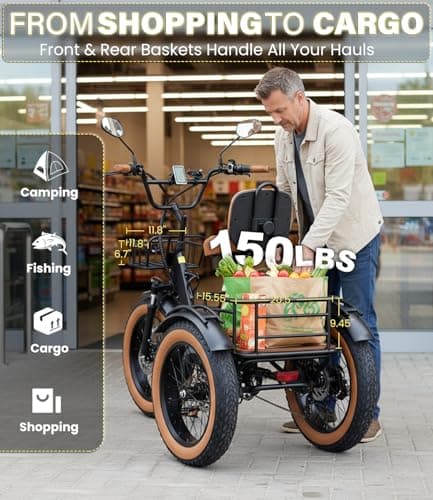 KAKIGO Electric Tricycle for Adults,Peak 1350W Motor Etrike,48V15.6Ah Ebike,20"x4"Fat Tire Aluminum Folding Electric Trike,3-Wheel Electric Bike,20MPH,Front&Rear Basket&Differential 9