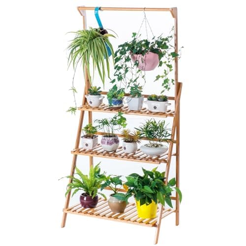 COPREE Bamboo 3-Tier Hanging Plant Stand Planter Shelves Flower Pot Organizer Rack Folding Display Shelving Plants Shelf Unit Holder