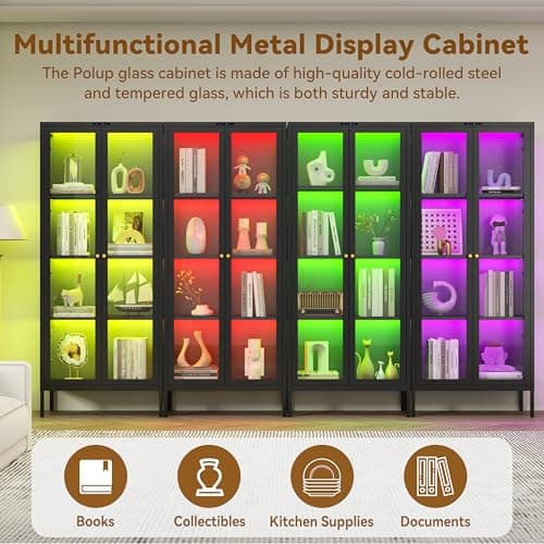 Polup Glass Display Cabinet with 8-Color LED Lights, Black Curio Cabinet with Glass Doors, 66 Inch Tall Display Case for Collectibles, Metal Storage Cabinet for Living Room, Assembly Required 7