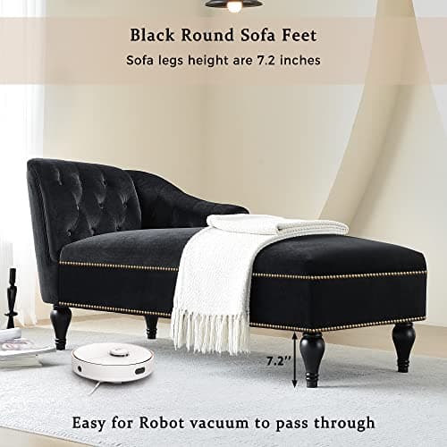 Bellemave 58'' Velvet Chaise Lounge, Button Tufted Right Arm Facing Lounge Chair with Nailhead Trim & Solid Wood Legs, Mid-Century Modern Sleeper Sofa Chair for Living Room, Bedroom, Office (Black) 8