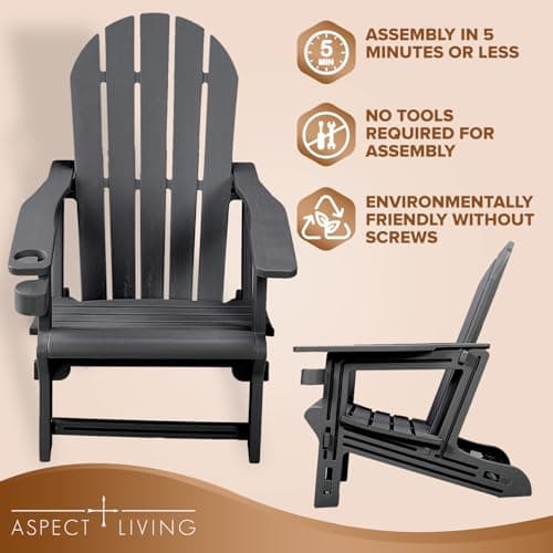 Aspect Living Adirondack Chairs - HDPE Weather Resistant, No Tools and Hardware Required 5-Minute Assembly, Patio, Firepit or Lawn Chairs, Black 5