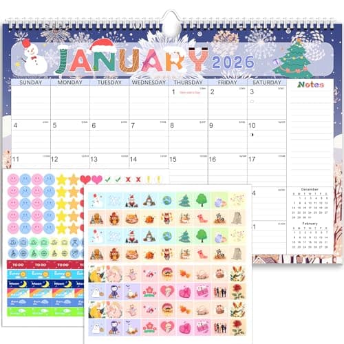 Calendar 2026, Anti Ink Bleed, Durable Thick Paper, Ample Writing Space, Wall Calendar 2026 with Stickers, 17" x 12" Large Seasonal Calendars for Home, Office, Student and Teacher Supplies- Colorful