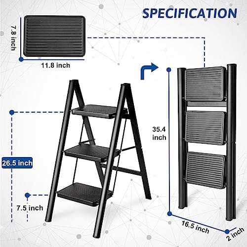 Double Elite Step Ladder 3 Step Folding, Sturdy 330 Lbs Load Small Step Stool for Adults, Safer Full Steel Multi-use Kitchen Ladder for Home, Closet Step Stool Ladder with Wide Pedals, Black, 3-Step 5