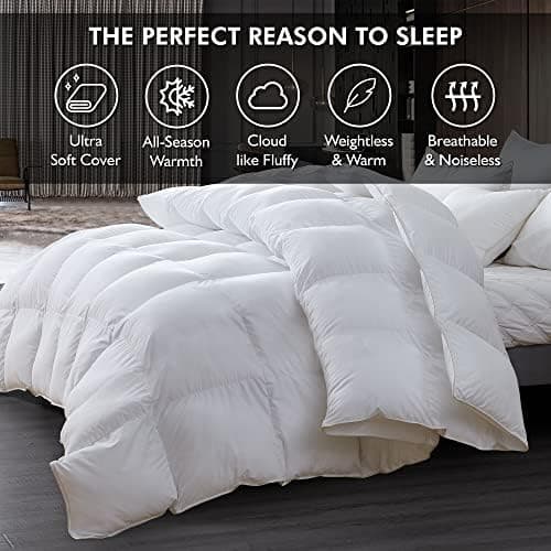 Luxurious Queen Size Goose Down Fiber Waterfowl Feather Fiber Comforter Duvet, 100% Egyptian Cotton Cover, 48 oz. Fill Weight, Baffle Box Design, White Solid 5