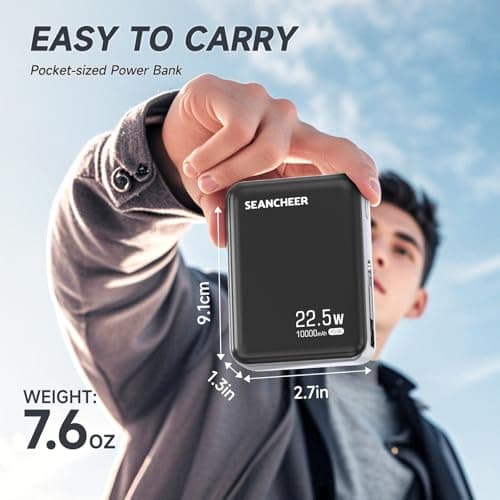 SEANCHEER Smallest Power Bank, Portable Charger10000mAh with 22.5w Fast Charging Retractable 2.3 ft USB-C Cable,USB C in/Output 3-Output Battery Pack Charger for iPhone 16/15,Samsung,Android,Travel 7
