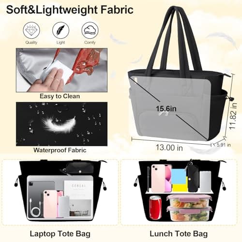 Veirdro Work Laptop Tote Bag for Women with Insulated Lunch Compartment, Lightweight Puffy Lunch Tote Bag with 15.6 Inch Laptop Compartment, Quilted Laptop Bags for Office Commuter Teacher Nurse Black 2