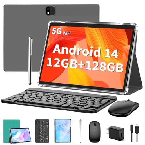 QDDQ Android Tablet with Keyboard, Android 14 Tablet, 12(6+6) GB+128GB, 1TB Expand, 2 in 1, Mouse, Stylus, 8000mAh Battery, 2.4G/5G WiFi, GPS, Green Case