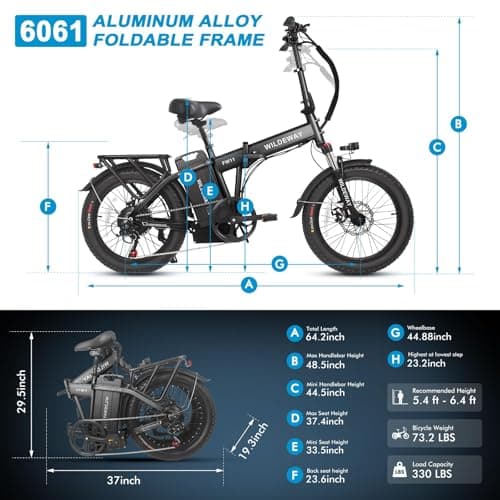 Wildeway Folding Electric Bike for Adults with 750W Motor 32Ah Battery Long Range FW11 Ebike 20 * 3.0 Fat Tire Fodable Adults Electric Bicycle for Men Women City Commuter Delivery 7