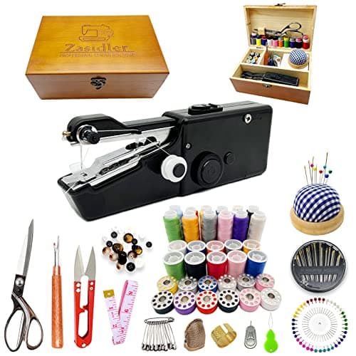 Handheld Sewing Machine, Hand Sewing Machine, Hand Held Sewing Device, Mini Portable Adult Beginner Sewing Kit, Wooden Sewing Box with 153 Pcs Sewing Supplies