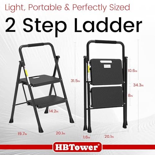 HBTower Step Ladder, Folding Step Stool with Wide Anti-Slip Pedal, Sturdy Steel Ladder, Convenient Handrail, Lightweight, Portable Steel Step Stool 6